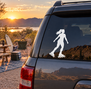 Vinyl decal featuring a white inline roller skater silhouette on a car window