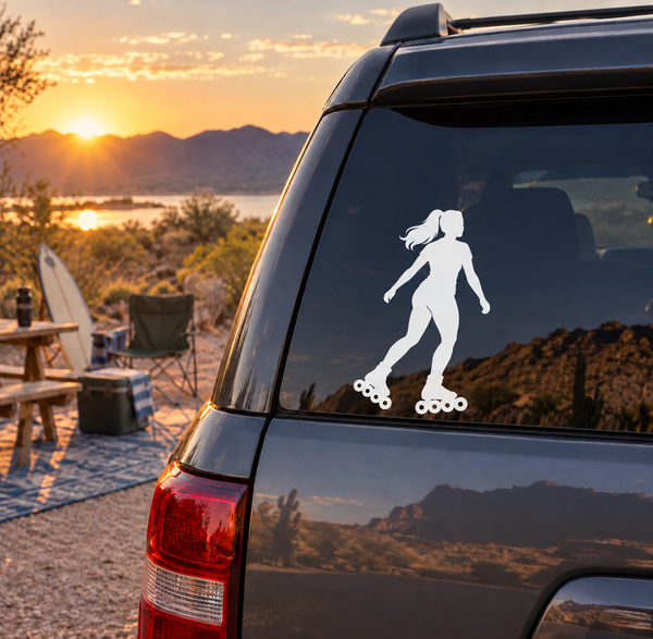 Vinyl decal featuring a white inline roller skater silhouette on a car window