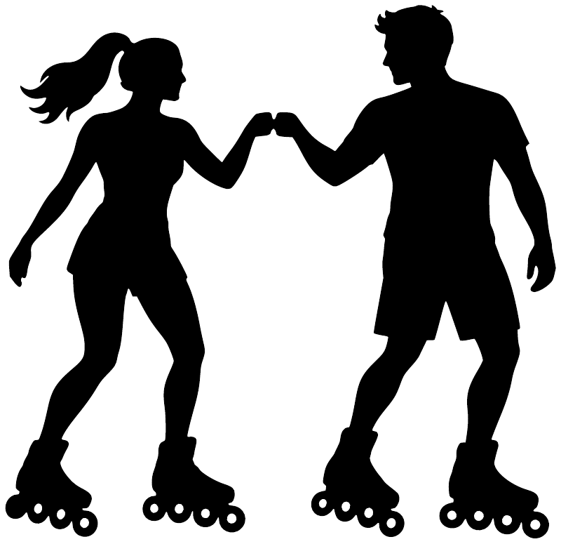 Black roller skating couple vinyl decal, holding hands, with roller skates