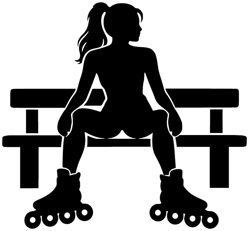 Inline skating bench vinyl decal, black skater silhouette on bench with roller skates