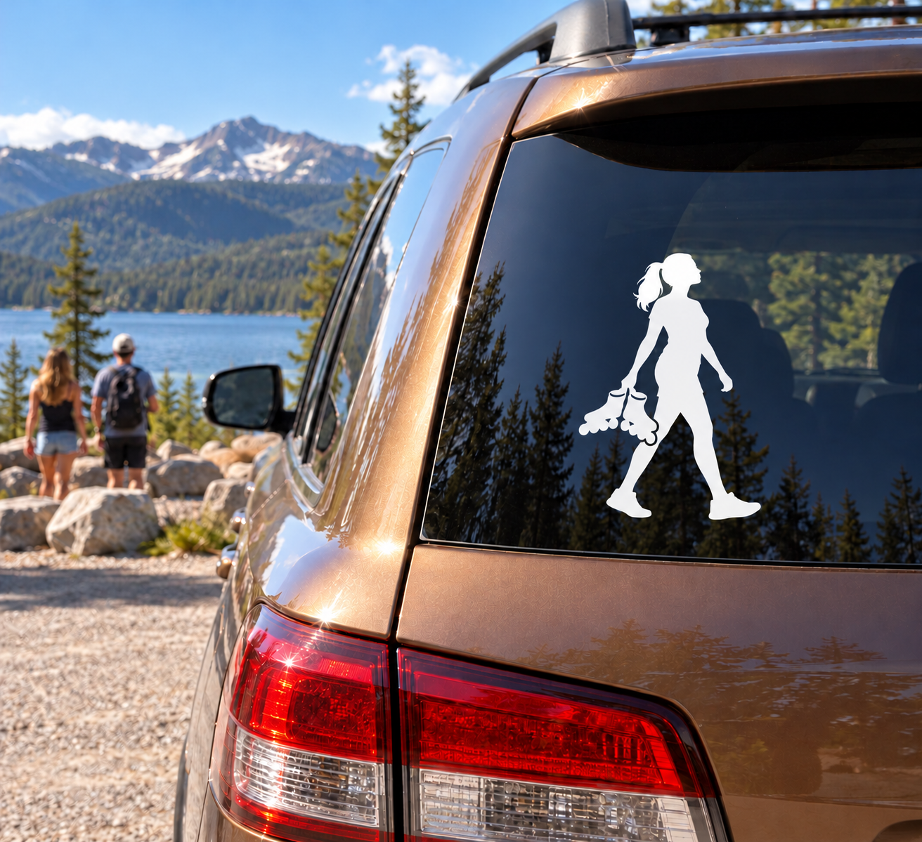 Roller skating vinyl decal silhouette on car window, skater standing with roller skates