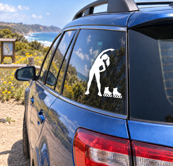 Inline skating vinyl decal: white skater silhouette with inline skates on car window