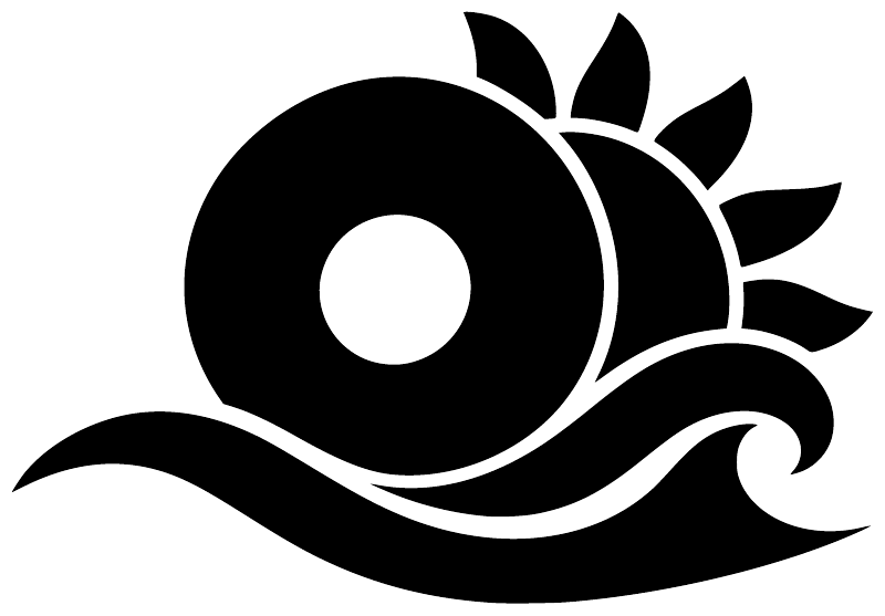 Vinyl decal graphic: black sun with white center circle and wave swirl, coastal style