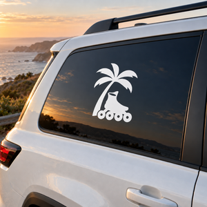 Palm tree roller skate vinyl decal for car window, black and white
