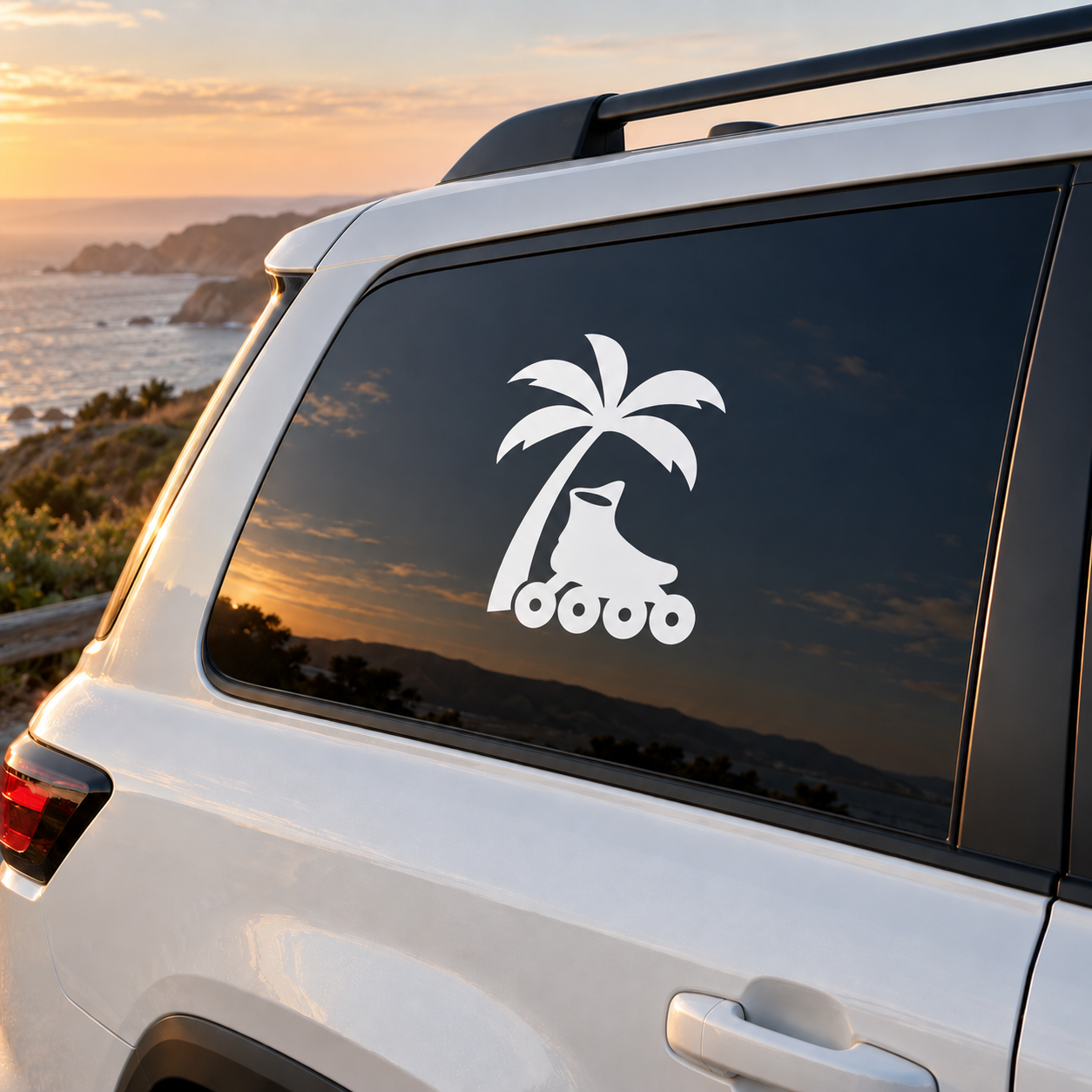 Palm tree roller skate vinyl decal for car window, black and white