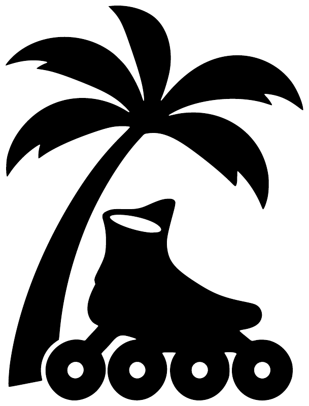 Close-up palm tree and roller skates vinyl decal, black silhouette on white