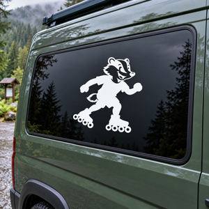 Roller skating badger vinyl decal for car window, white and black figure