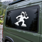 Roller skating badger vinyl decal for car window, white and black figure