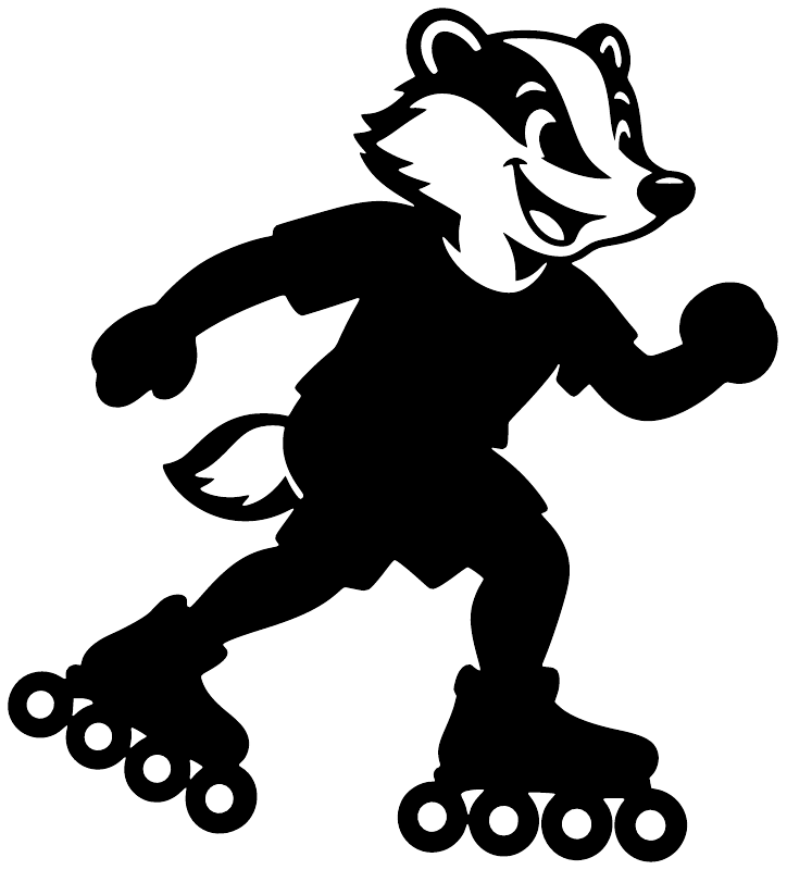 Skating badger vinyl decal in black and white, roller blades with four wheels