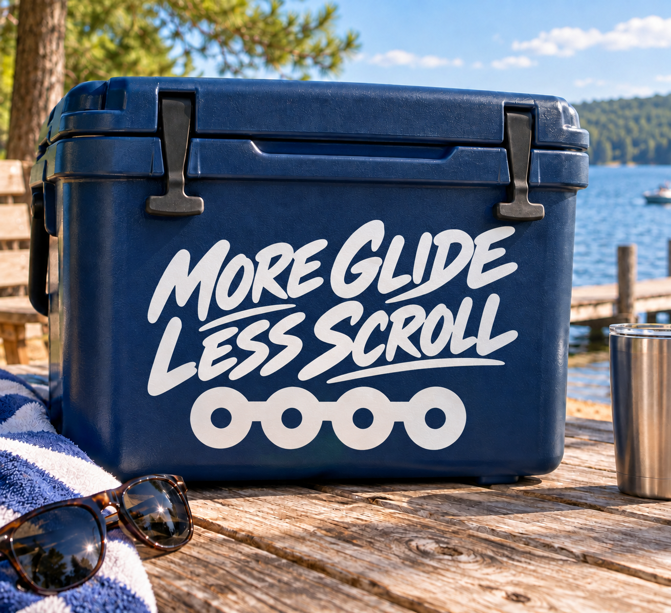 Blue vinyl decal with “MORE GLIDE LESS SCROLL” text and roller wheels design