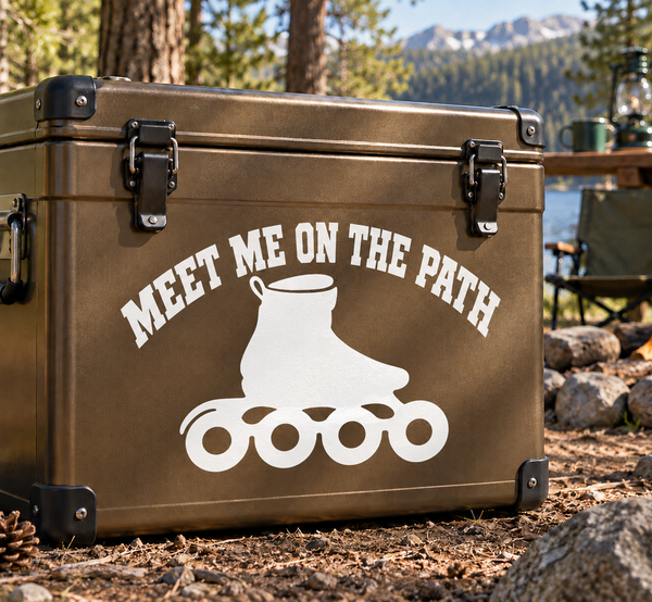 Vinyl decal with 'MEET ME ON THE PATH' text and inline skate boot graphic