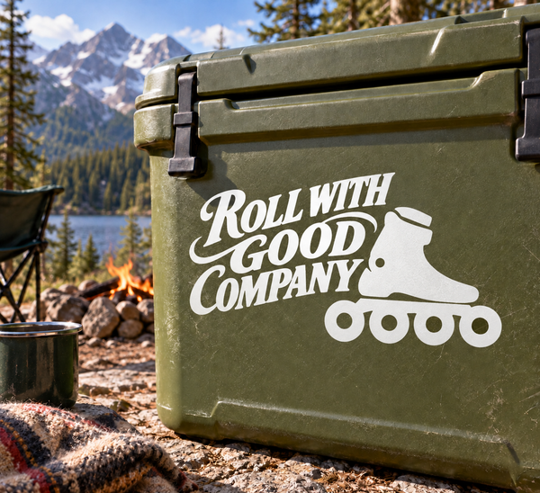 Vinyl roll with good company decal with roller skate icon on olive green container