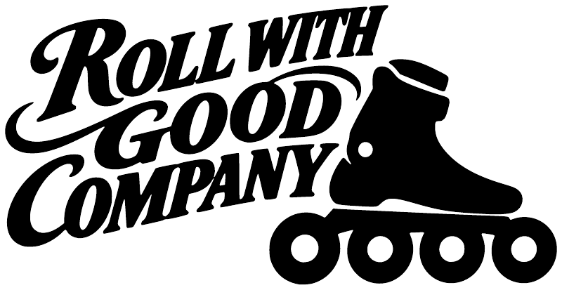 Black vinyl decal reading Roll with Good Company with roller skate silhouette and wheels