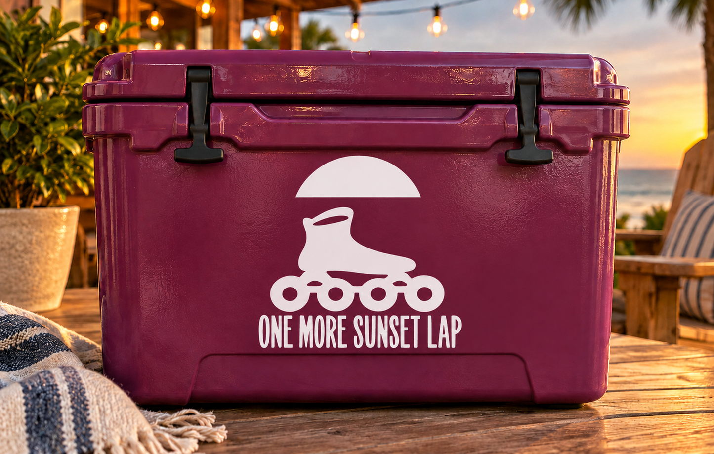 White roller skate logo vinyl decal with text "ONE MORE SUNSET LAP"