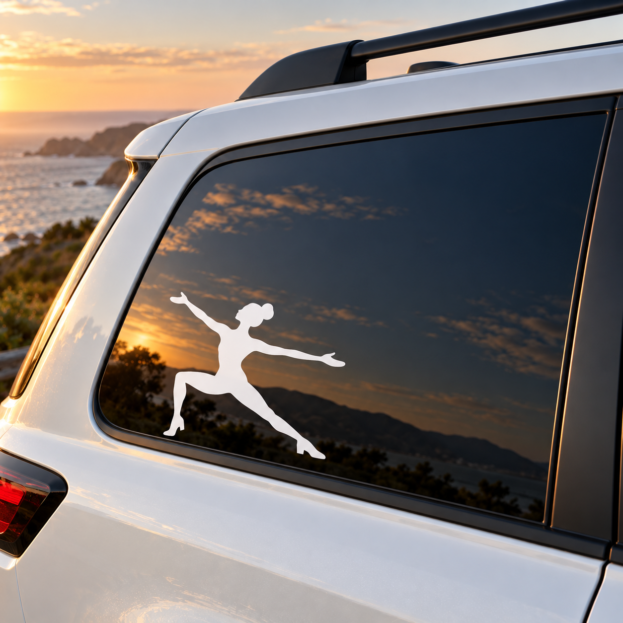 Black jazz dance silhouette vinyl decal on a car side window