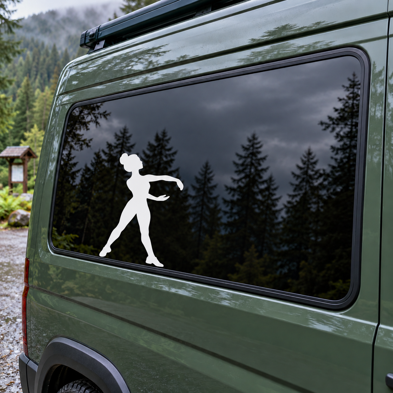 Jazz dance turn vinyl decal, white silhouette dancer on car window