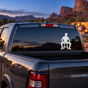 Black jazz dancer vinyl decal on car rear window: seated silhouette on chair