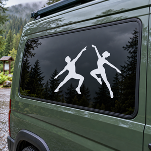 Vinyl decal of white jazz dance partner silhouettes on a car window