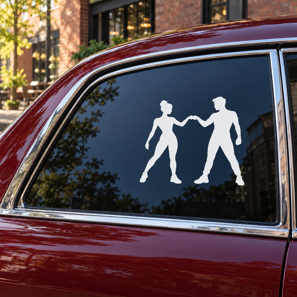 Vinyl decal for jazz dance rehearsal greeting with two dancer silhouettes on car window