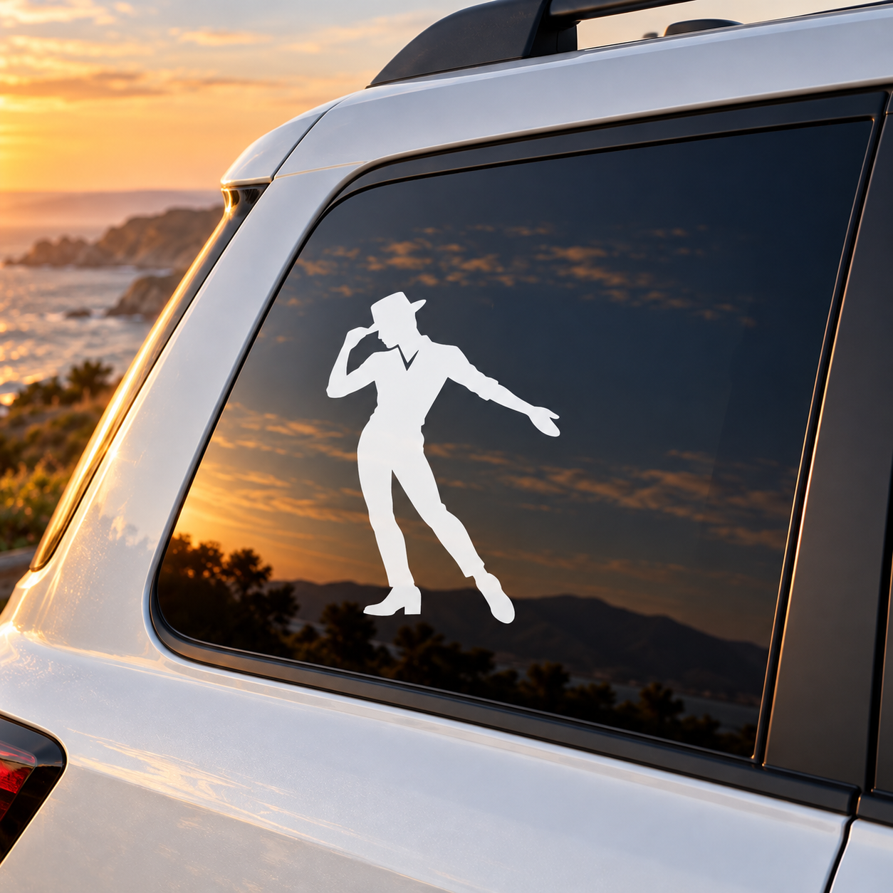 White jazz dancer hat-tip silhouette vinyl decal for car windows