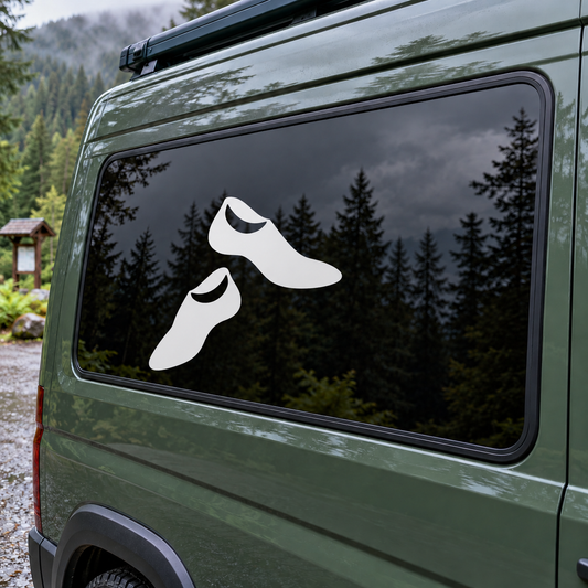 Vinyl decal pair of jazz dance shoes on car window, black silhouettes with white soles
