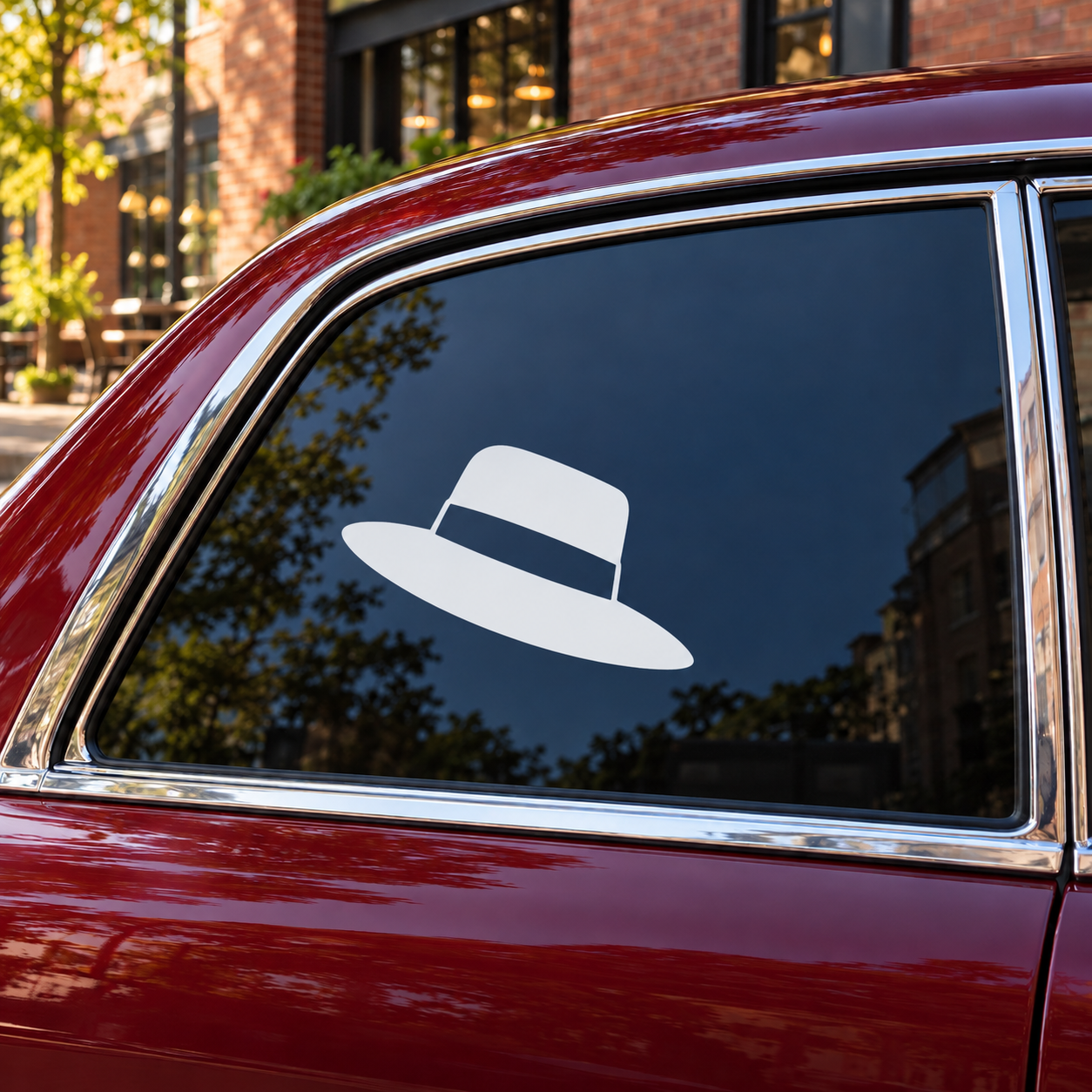 White fedora-style hat vinyl decal with dark blue band