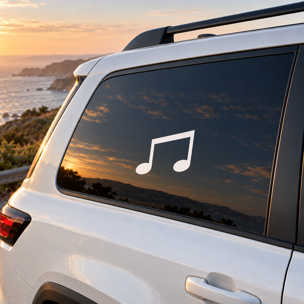 White music note vinyl decal on car rear window