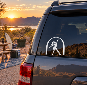 Car window vinyl decal with white arched silhouette of a jazz dancer