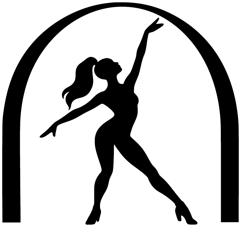 Jazz dancer window vinyl decal, black silhouette inside an arched border