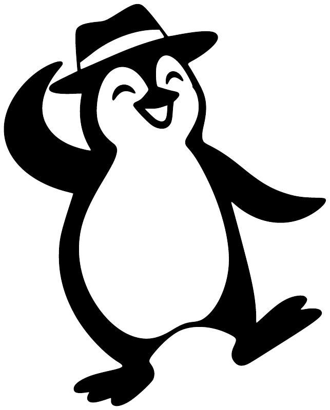 Black-and-white penguin vinyl decal wearing a hat, smiling with arms out