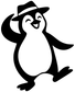 Black-and-white penguin vinyl decal wearing a hat, smiling with arms out