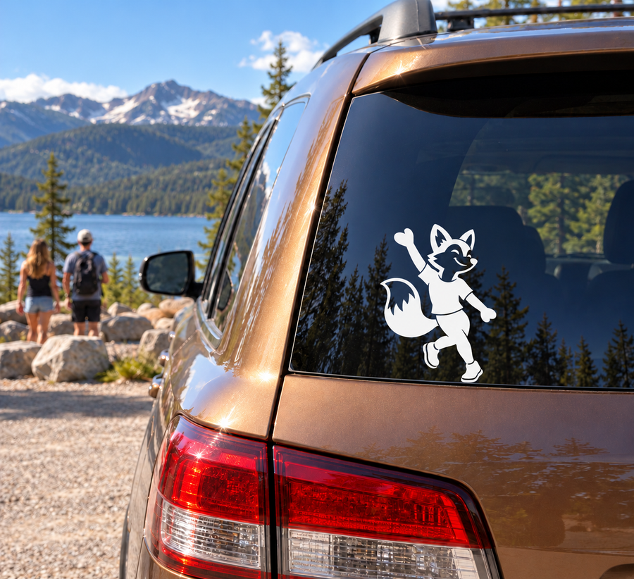 Fox jazz dancer vinyl decal on car rear window, white outline on dark glass.
