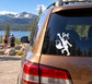 Fox jazz dancer vinyl decal on car rear window, white outline on dark glass.
