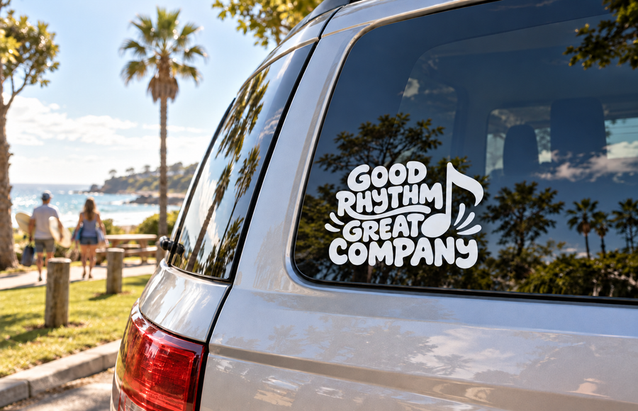 Vinyl decal: “GOOD RHYTHM GREAT COMPANY” lettering with heart icon on car window