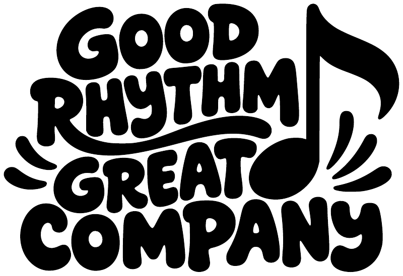 Vinyl decal close-up with bold “GOOD RHYTHM GREAT COMPANY” lettering and music note