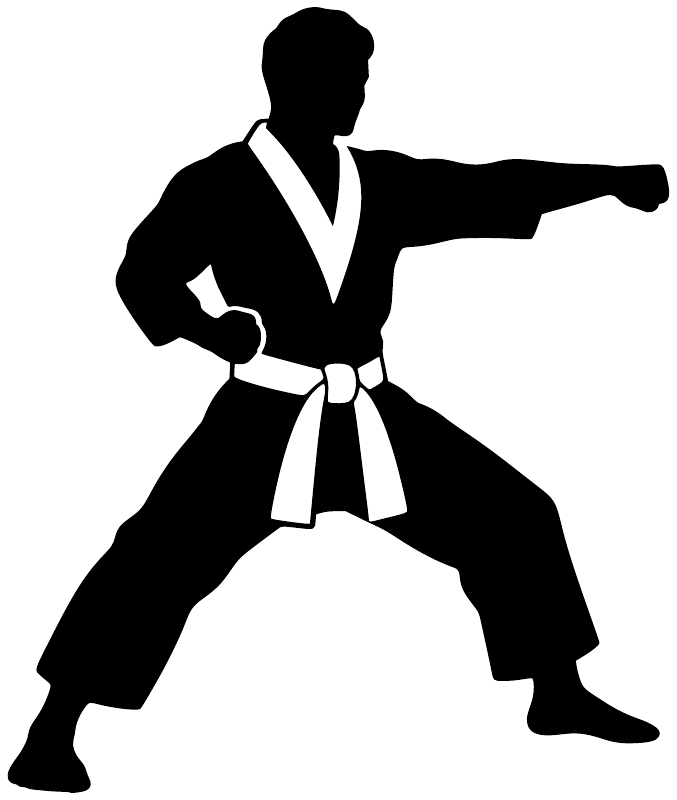 Karate fighter silhouette vinyl decal, black gi with white belt and sash