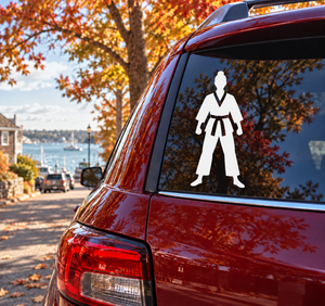 Karate ready stance vinyl decal, white martial artist figure on car window