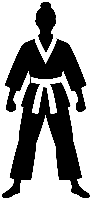 Karate stance vinyl decal, black figure with white belt and V-collar