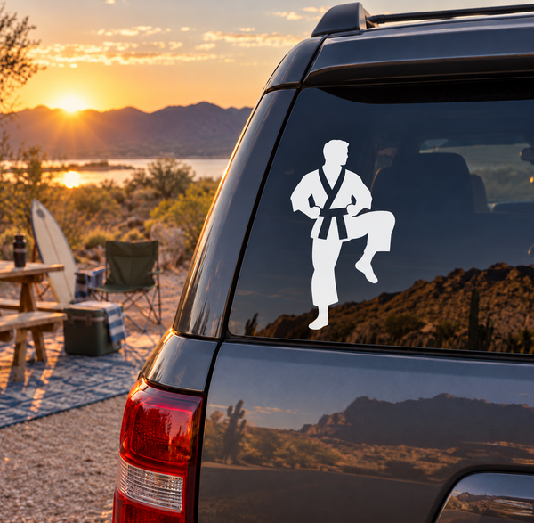 White karate practitioner vinyl decal for car window, full-body pose in a gi