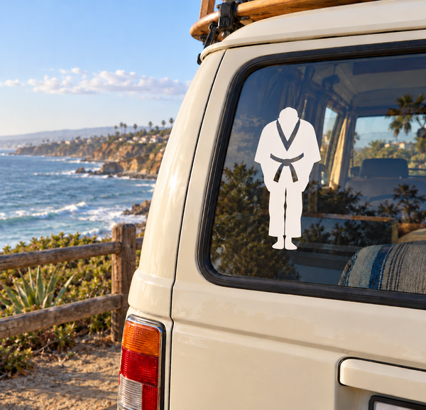 Karate gi bow vinyl decal, black silhouette with white belt and collar