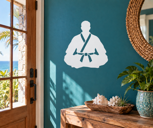 Karate fighter vinyl decal silhouette in white, gi and belt