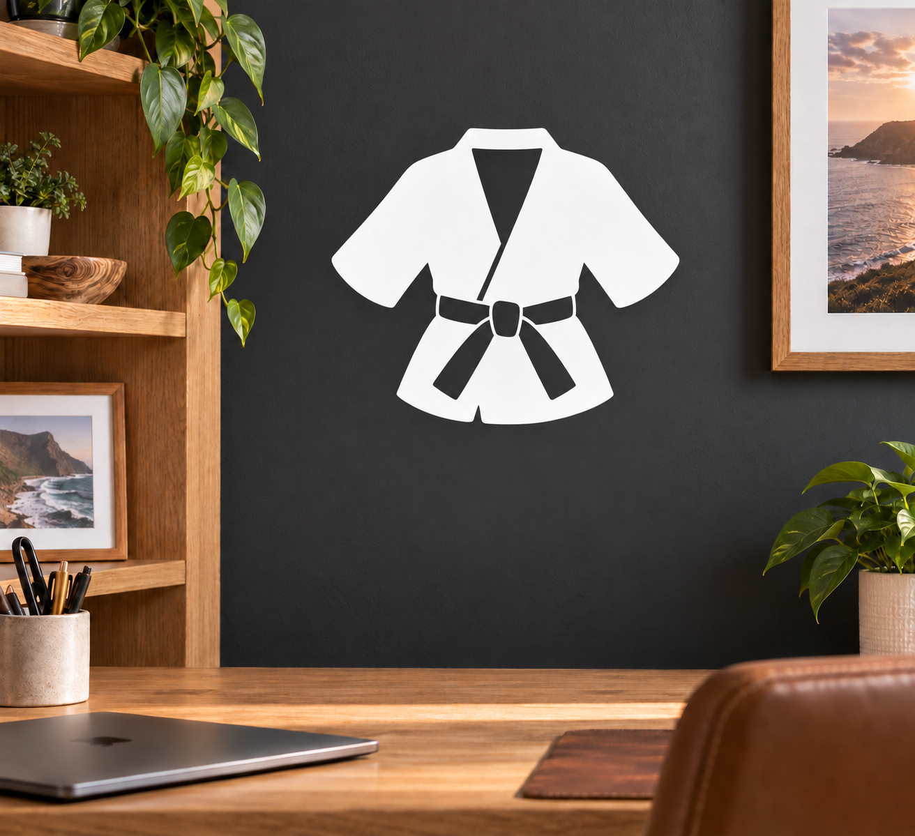 Karate gi vinyl decal with white jacket and belt emblem on dark background