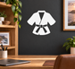 Karate gi vinyl decal with white jacket and belt emblem on dark background