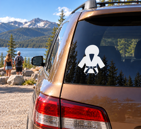 Martial arts gi vinyl decal on car window, white icon with belt and collar