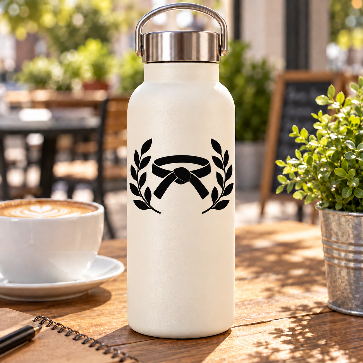 Karate vinyl decal with laurel wreath and black belt symbol on a white water bottle