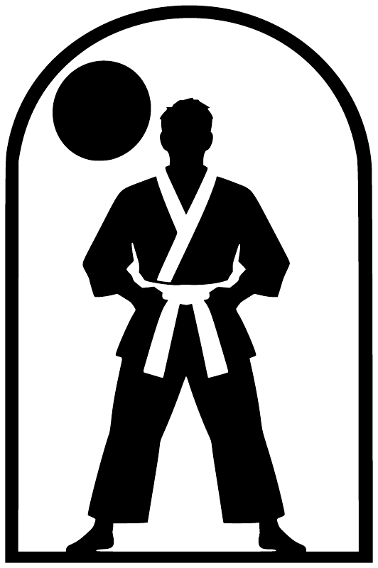 Karate window vinyl decal: black martial artist silhouette in an arched frame with circle