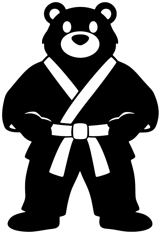 Karate bear vinyl decal of black bear karate stance, white gi and belt