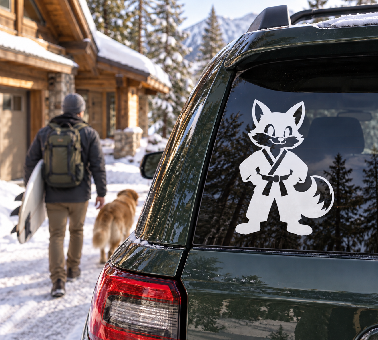 Black karate fox vinyl decal on car rear window, holding karate belt pose