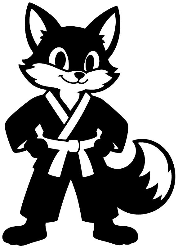 Black karate fox vinyl decal with white belt, full-body character