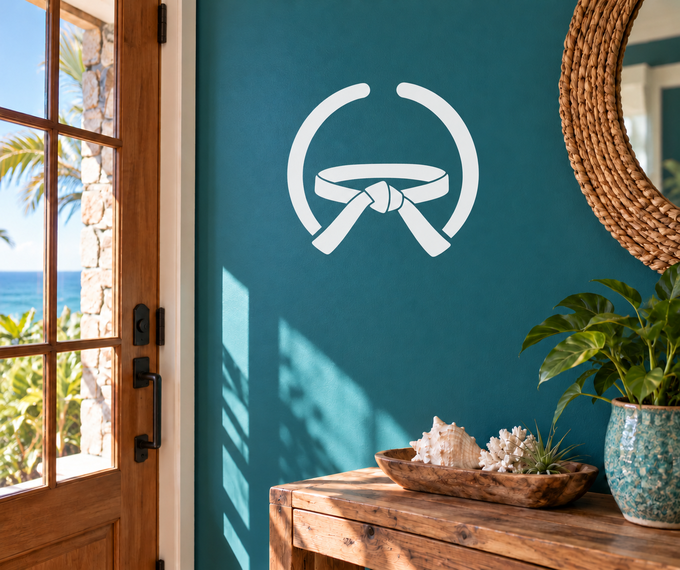 White karate open circle vinyl decal with stylized belt and ribbon knot symbol